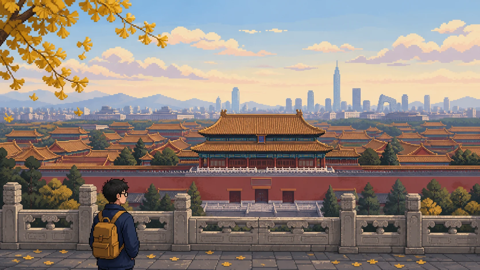 Pixel art of Yunze exploring Beijing near the Forbidden City