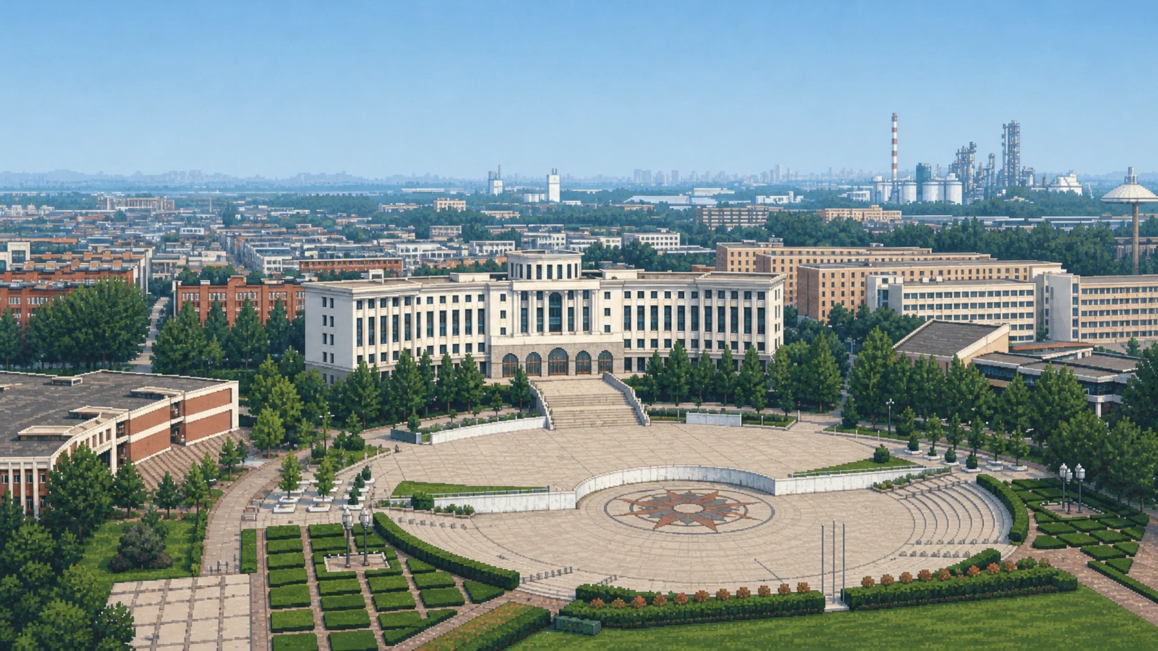 Pixel art aerial view of Peking University's white academic building, central staircase, circular plaza, and formal gardens