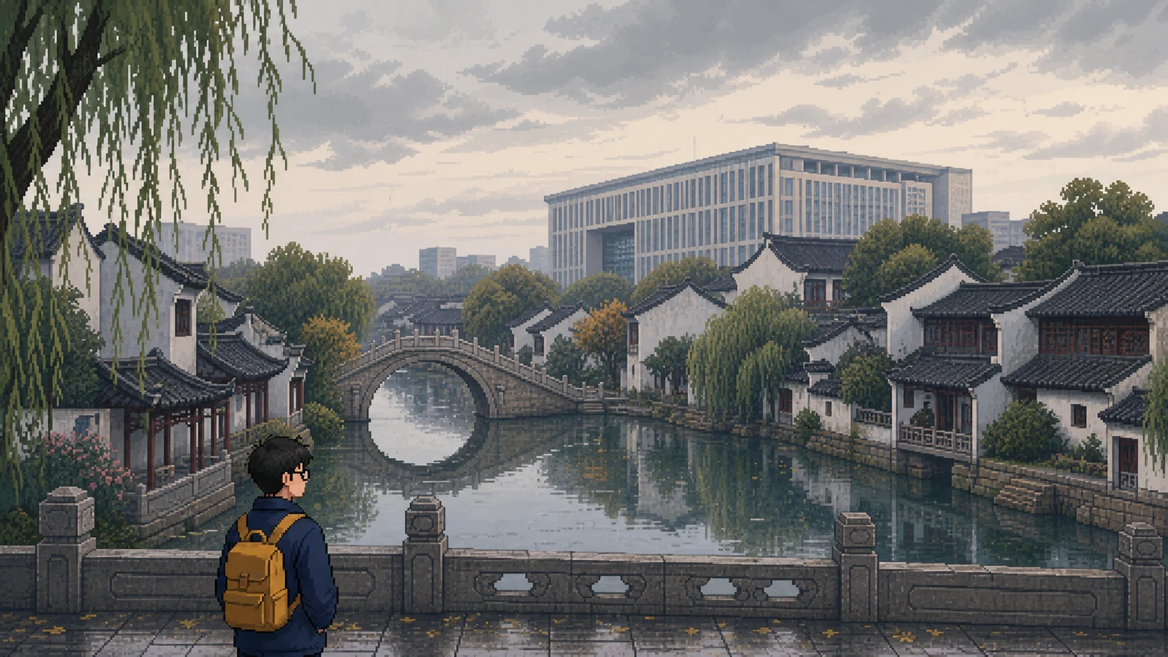 Pixel art of Yunze exploring Suzhou
